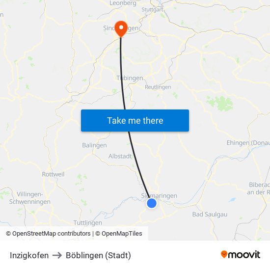 Inzigkofen to Böblingen (Stadt) map