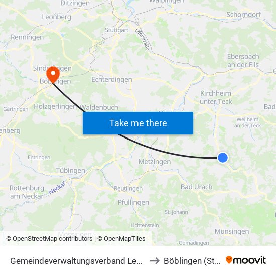 Gemeindeverwaltungsverband Lenningen to Böblingen (Stadt) map