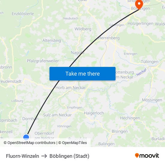 Fluorn-Winzeln to Böblingen (Stadt) map