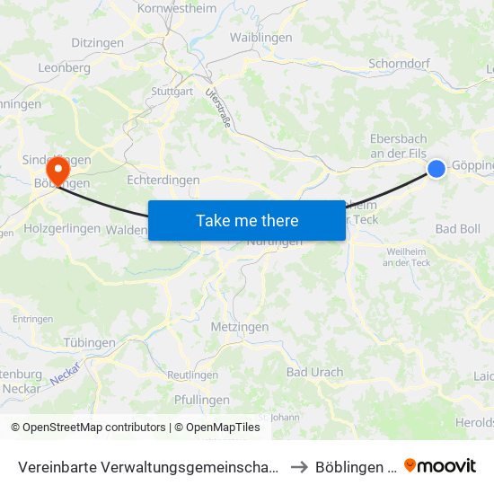 Vereinbarte Verwaltungsgemeinschaft Der Stadt Uhingen to Böblingen (Stadt) map