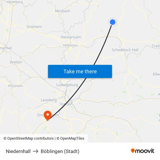 Niedernhall to Böblingen (Stadt) map