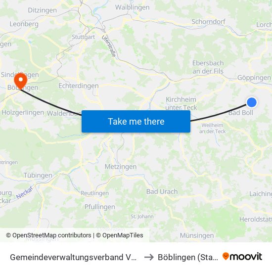 Gemeindeverwaltungsverband Voralb to Böblingen (Stadt) map