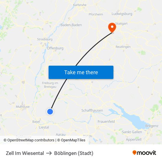 Zell Im Wiesental to Böblingen (Stadt) map