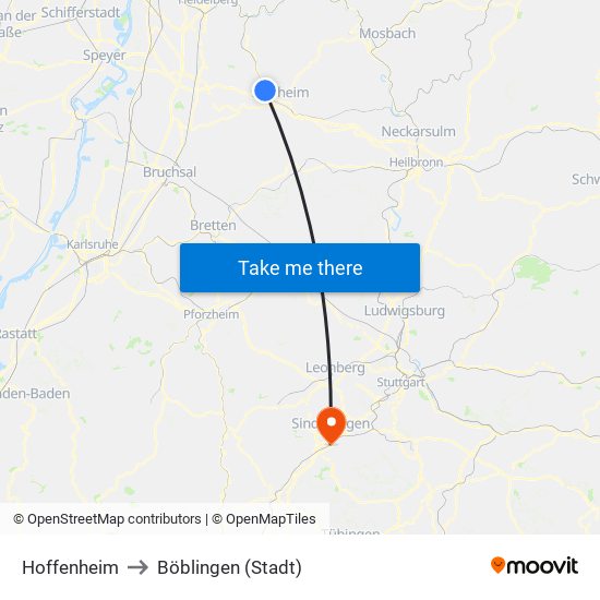 Hoffenheim to Böblingen (Stadt) map