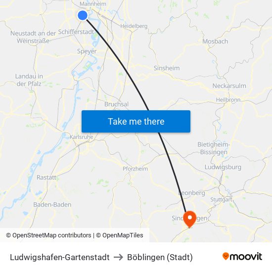 Ludwigshafen-Gartenstadt to Böblingen (Stadt) map