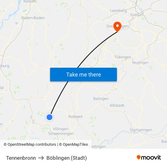 Tennenbronn to Böblingen (Stadt) map