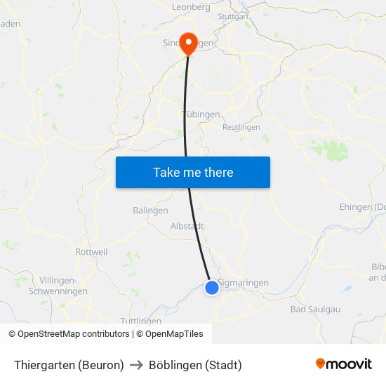 Thiergarten (Beuron) to Böblingen (Stadt) map