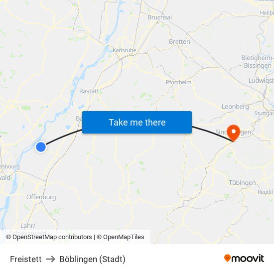 Freistett to Böblingen (Stadt) map