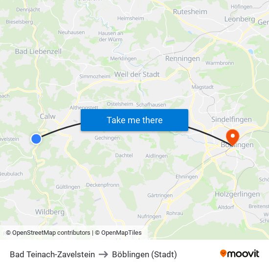 Bad Teinach-Zavelstein to Böblingen (Stadt) map