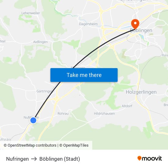 Nufringen to Böblingen (Stadt) map