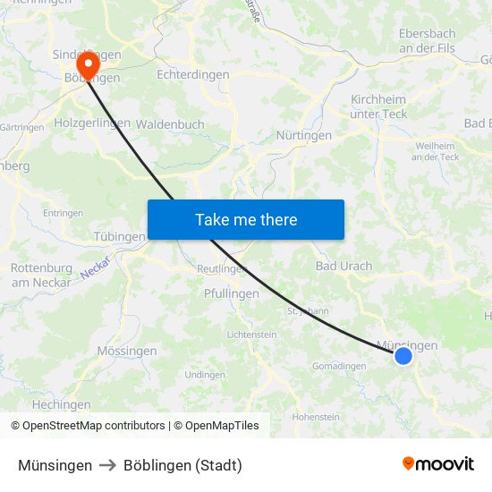 Münsingen to Böblingen (Stadt) map