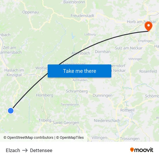 Elzach to Dettensee map