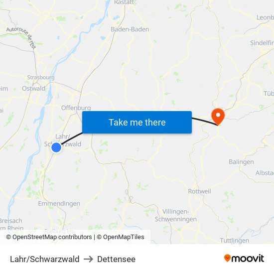 Lahr/Schwarzwald to Dettensee map