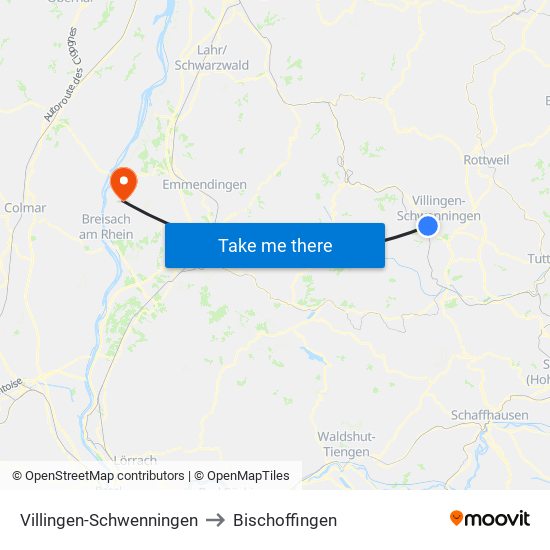 Villingen-Schwenningen to Bischoffingen map