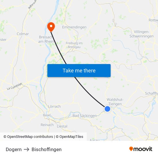 Dogern to Bischoffingen map