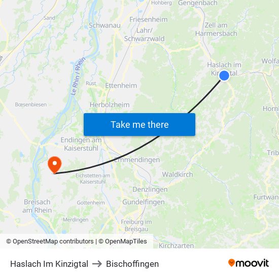 Haslach Im Kinzigtal to Bischoffingen map