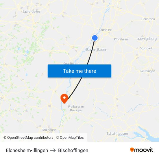 Elchesheim-Illingen to Bischoffingen map