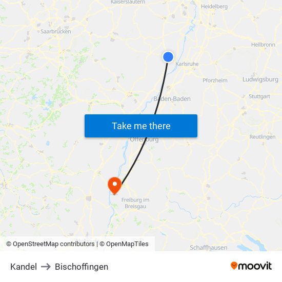 Kandel to Bischoffingen map