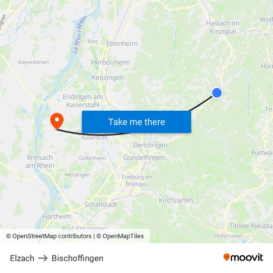 Elzach to Bischoffingen map