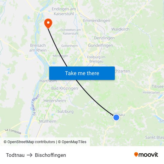Todtnau to Bischoffingen map