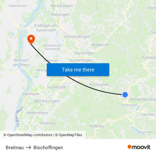 Breitnau to Bischoffingen map