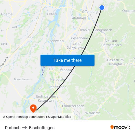 Durbach to Bischoffingen map