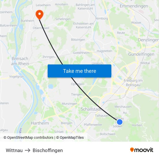 Wittnau to Bischoffingen map