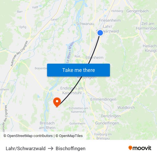 Lahr/Schwarzwald to Bischoffingen map