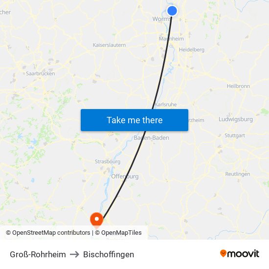 Groß-Rohrheim to Bischoffingen map