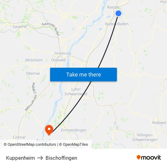 Kuppenheim to Bischoffingen map