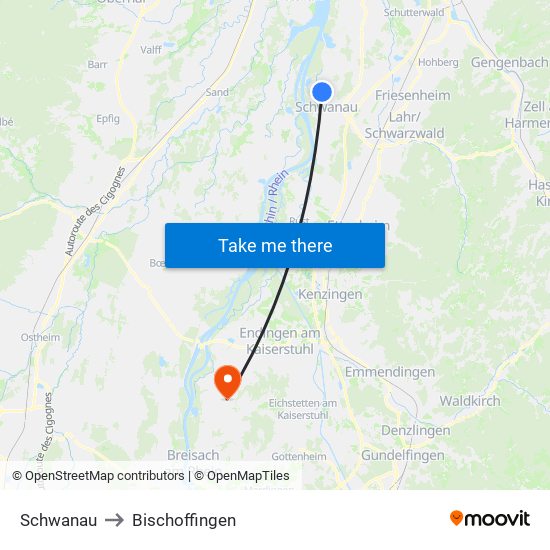 Schwanau to Bischoffingen map