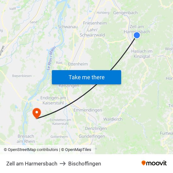 Zell am Harmersbach to Bischoffingen map