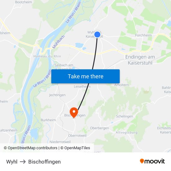 Wyhl to Bischoffingen map