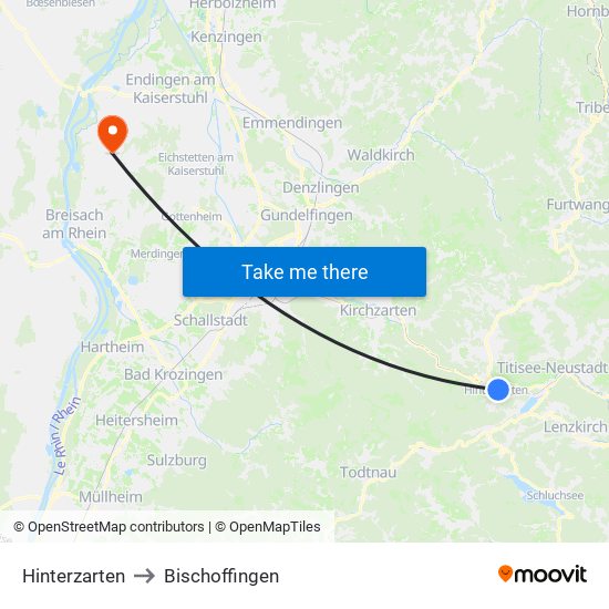 Hinterzarten to Bischoffingen map