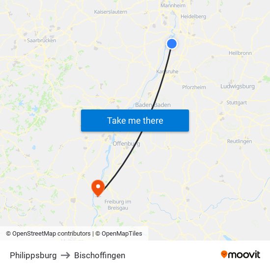 Philippsburg to Bischoffingen map