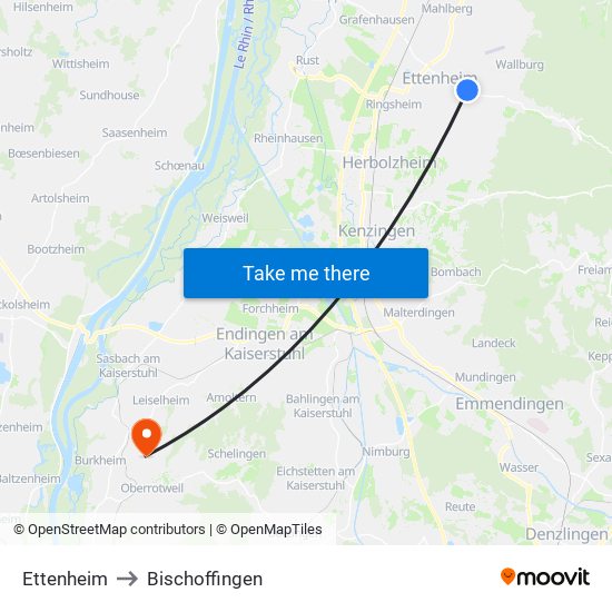 Ettenheim to Bischoffingen map