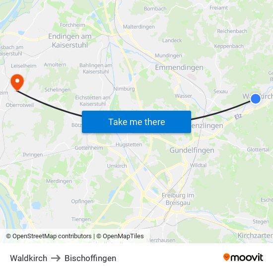 Waldkirch to Bischoffingen map