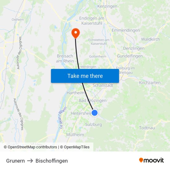 Grunern to Bischoffingen map