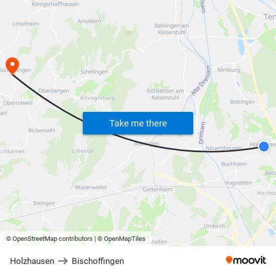 Holzhausen to Bischoffingen map