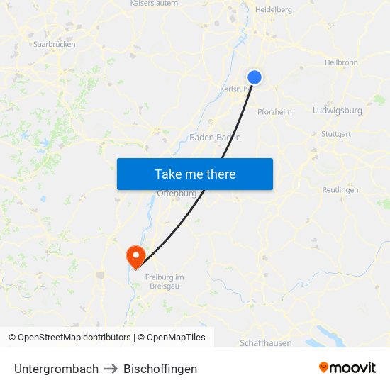 Untergrombach to Bischoffingen map