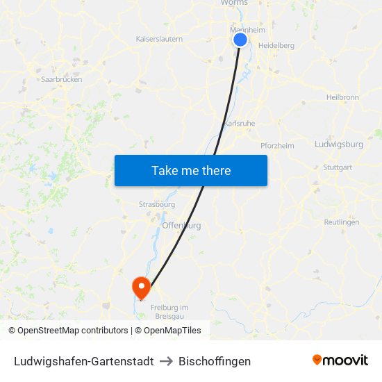 Ludwigshafen-Gartenstadt to Bischoffingen map