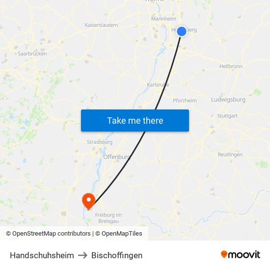 Handschuhsheim to Bischoffingen map