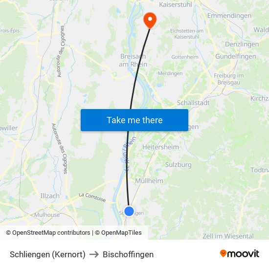 Schliengen (Kernort) to Bischoffingen map