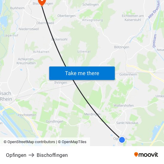 Opfingen to Bischoffingen map