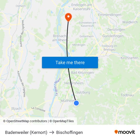 Badenweiler (Kernort) to Bischoffingen map