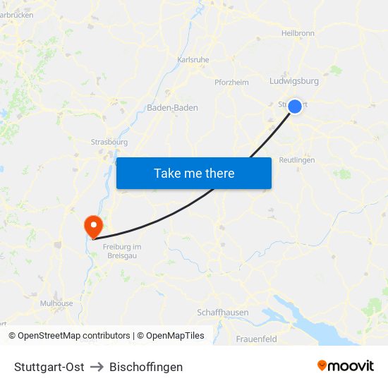 Stuttgart-Ost to Bischoffingen map