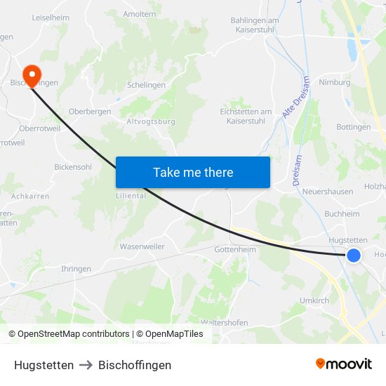 Hugstetten to Bischoffingen map