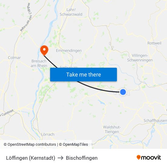 Löffingen (Kernstadt) to Bischoffingen map