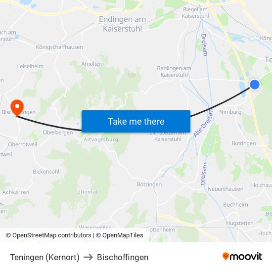 Teningen (Kernort) to Bischoffingen map