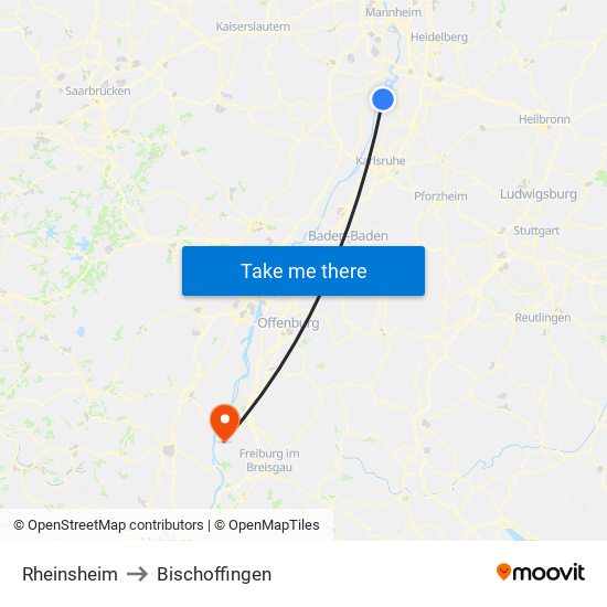 Rheinsheim to Bischoffingen map